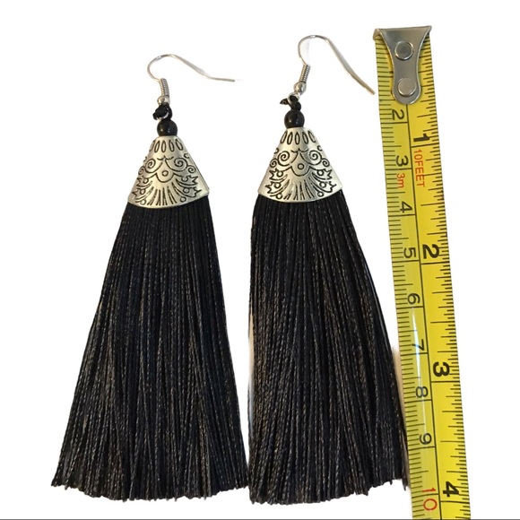Long Black & Silver Tone Tasseled Earrings - Picture 3 of 5